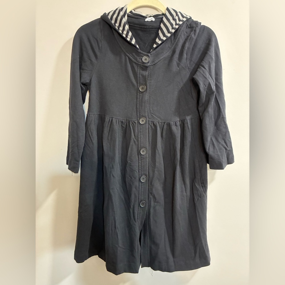 Splendid Black Button Down Dress with Striped Hood Three Quarter Length Sleeves